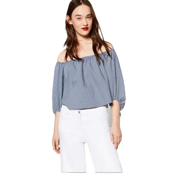 ZARA gingham cropped puff sleeve tie sleeve off shoulder blouse blue&white XS - Picture 2 of 7